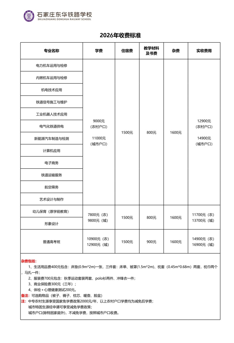 石家莊東華鐵路學(xué)校2026年秋季招生學(xué)費(fèi)多少錢？有資助政策嗎？